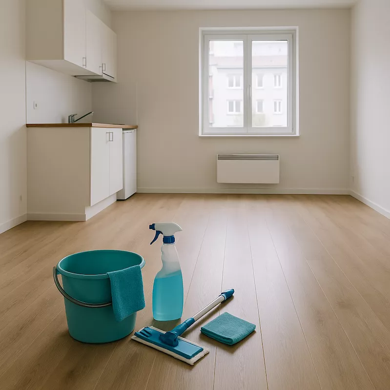 “Tom studentlägenhet med städmaterial på golvet – symboliserar flyttstädning, enkelhet och förberedelse inför besiktning eller inflyttning”